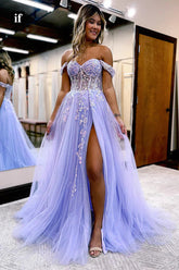 Lavender A Line Tulle Off the Shoulder Lace Appliques Long Prom Dress DMP251